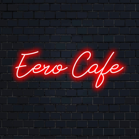 Eero Cafe Personalized LED Neon Sign, bright neon glow on black brick background