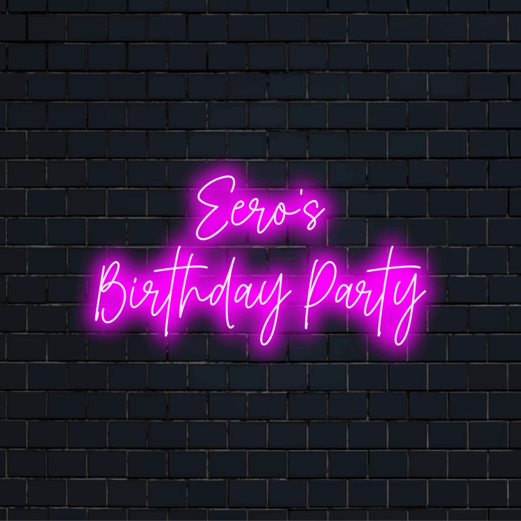 Eero_s Birthday Party Personalized LED Neon Sign, bright LED glow against brick backdrop