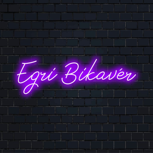 Egri Bikav R LED Neon Sign, neon text light on black brick background