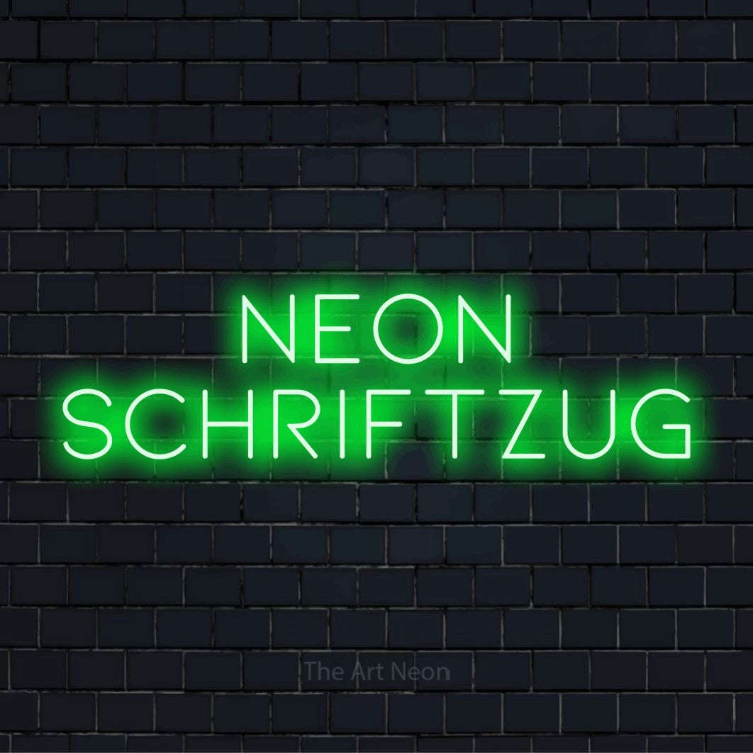 LED-Neonschild mit dem Text „Neon Schriftzug“ auf dunkler Ziegelwand