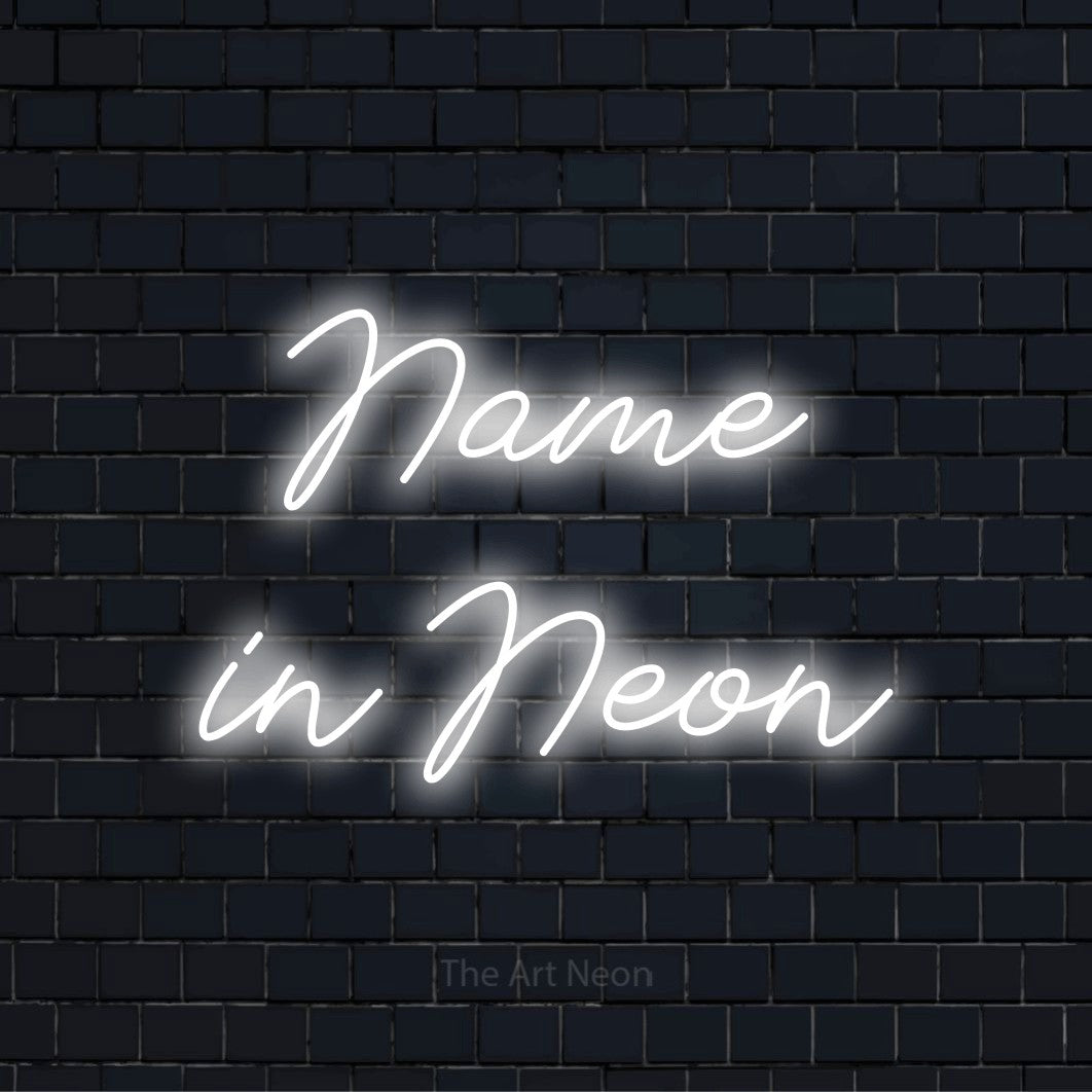 LED-Neonschild mit dem Text „Name in Neon“ auf dunkler Ziegelwand