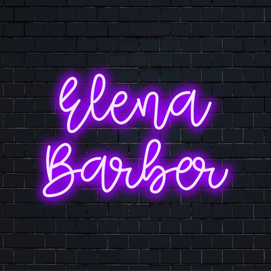 Elena Barber Custom Name Neon Sign, bright neon glow against black brick wall