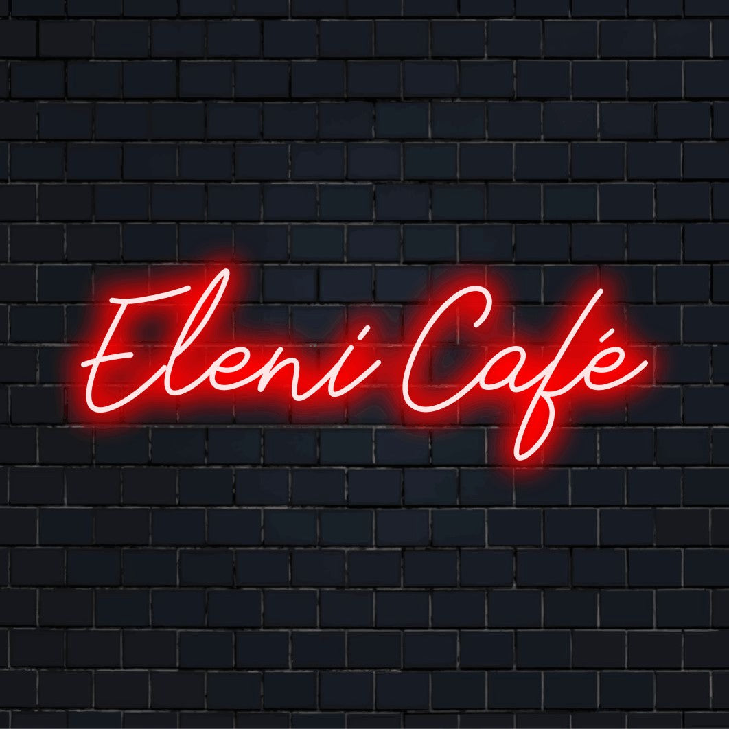 Eleni Cafe Personalized LED Neon Sign, neon text light on dark brick wall