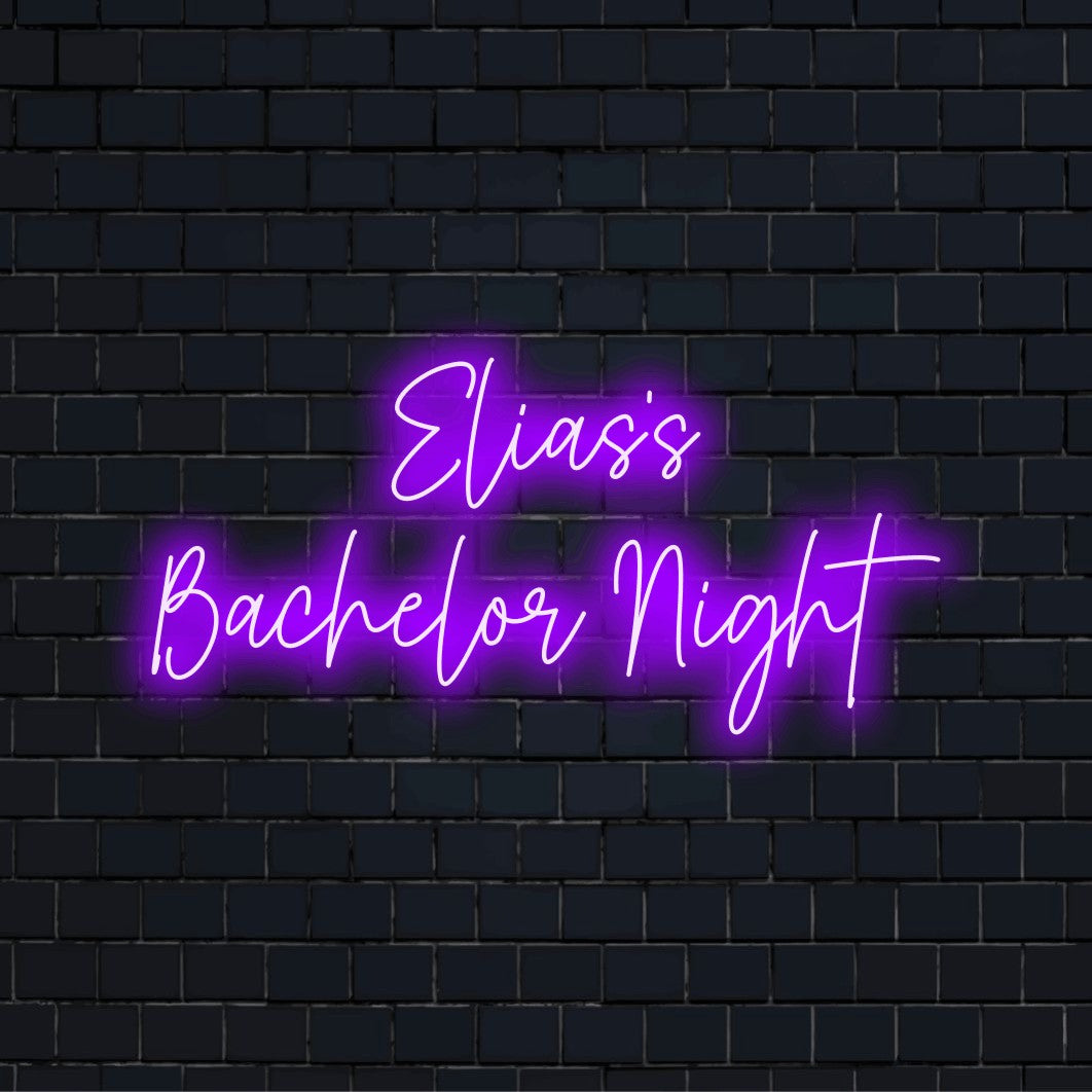 Elias_s Bachelor Night Custom Name Neon Sign, glowing lettering against brick backdrop