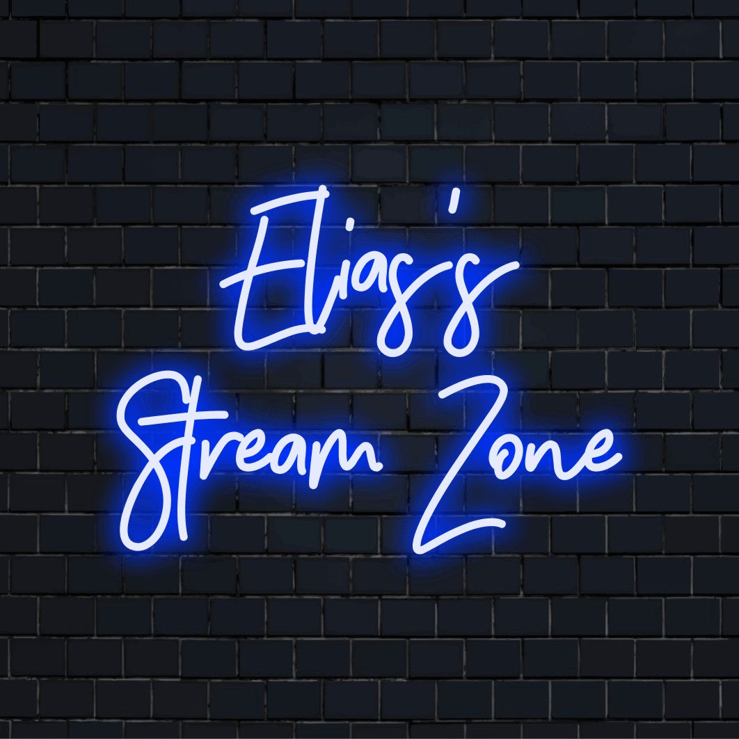 Elias_s Stream Zone Personalized LED Neon Sign, neon text light on black brick background