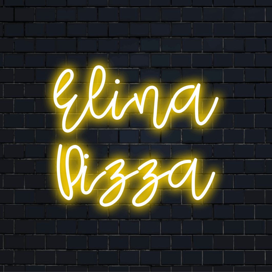 Elina Pizza Custom Name Neon Sign, glowing wall decor against brick backdrop