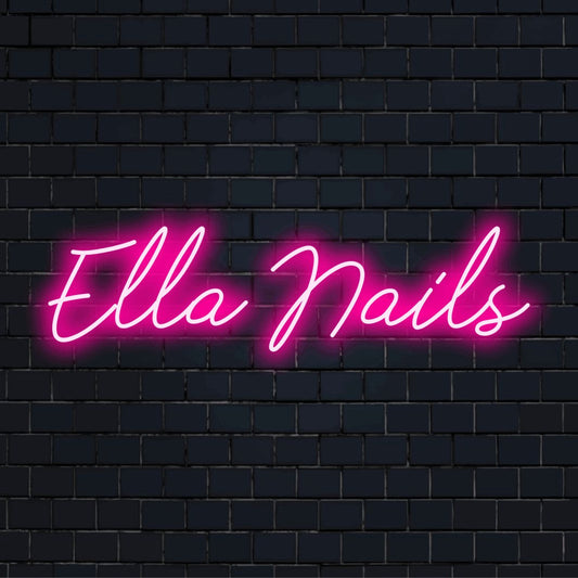Ella Nails Personalized LED Neon Sign, glowing wall decor against black brick wall
