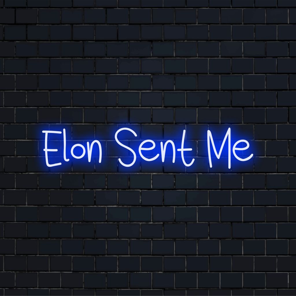Elon Sent Me Neon Sign, glowing neon text against black brick wall