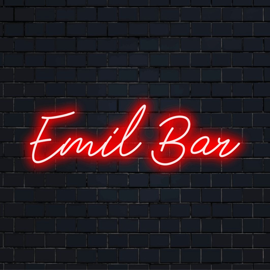 Emil Bar Custom Name Neon Sign, soft neon glow on dark brick wall