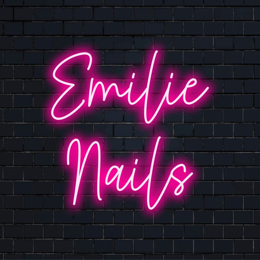 Emilie Nails Custom Name Neon Sign, bright neon lettering on dark brick background