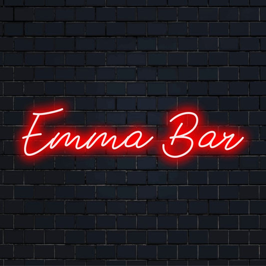 Emma Bar Custom Name Neon Sign, glowing wall decor on black brick background