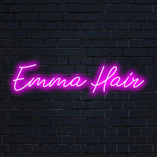 Emma Hair Custom Name Neon Sign, glowing neon text on dark brick wall