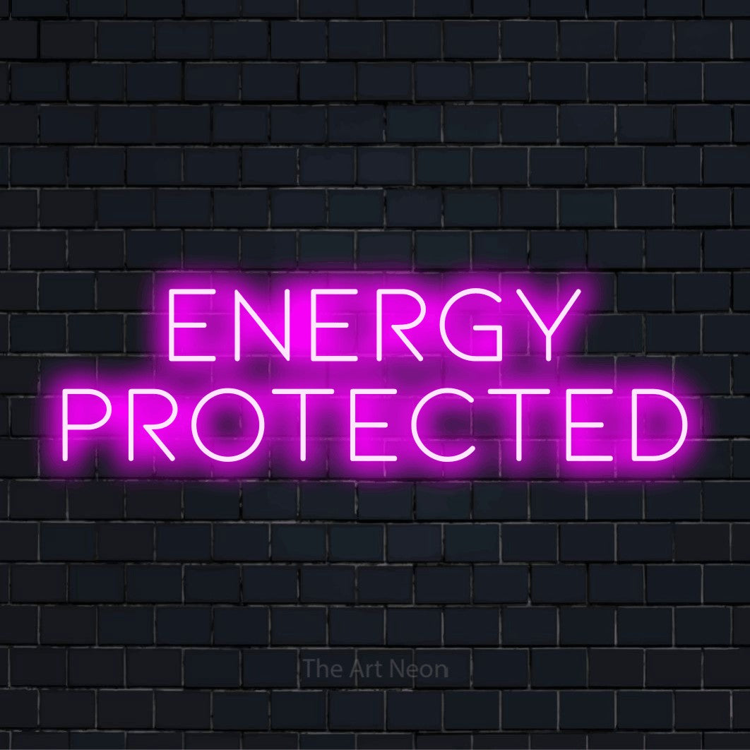 "Energy Protected" text design with neon effect on a black brick wall