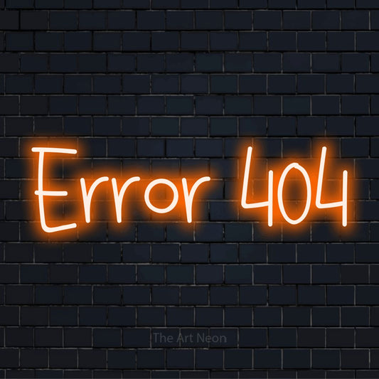 "Error 404" script-style LED neon sign on a black brick wall