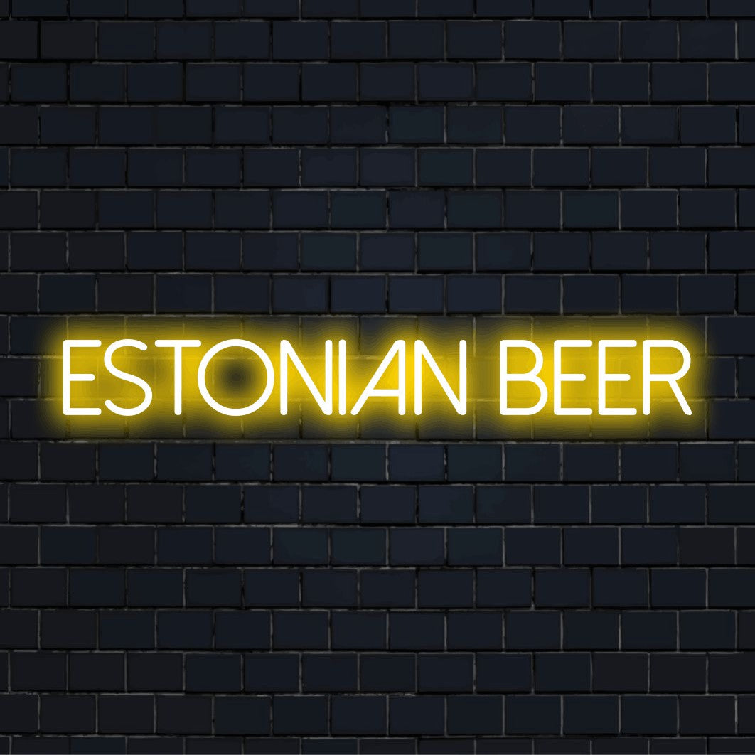 Estonian Beer LED Neon Sign, glowing wall decor against brick backdrop