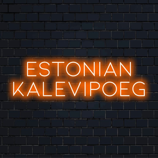 Estonian Kalevipoeg Neon Light with glowing lettering on dark brick background