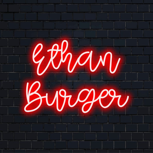 Ethan Burger Custom Name Neon Sign, soft neon glow against black brick wall