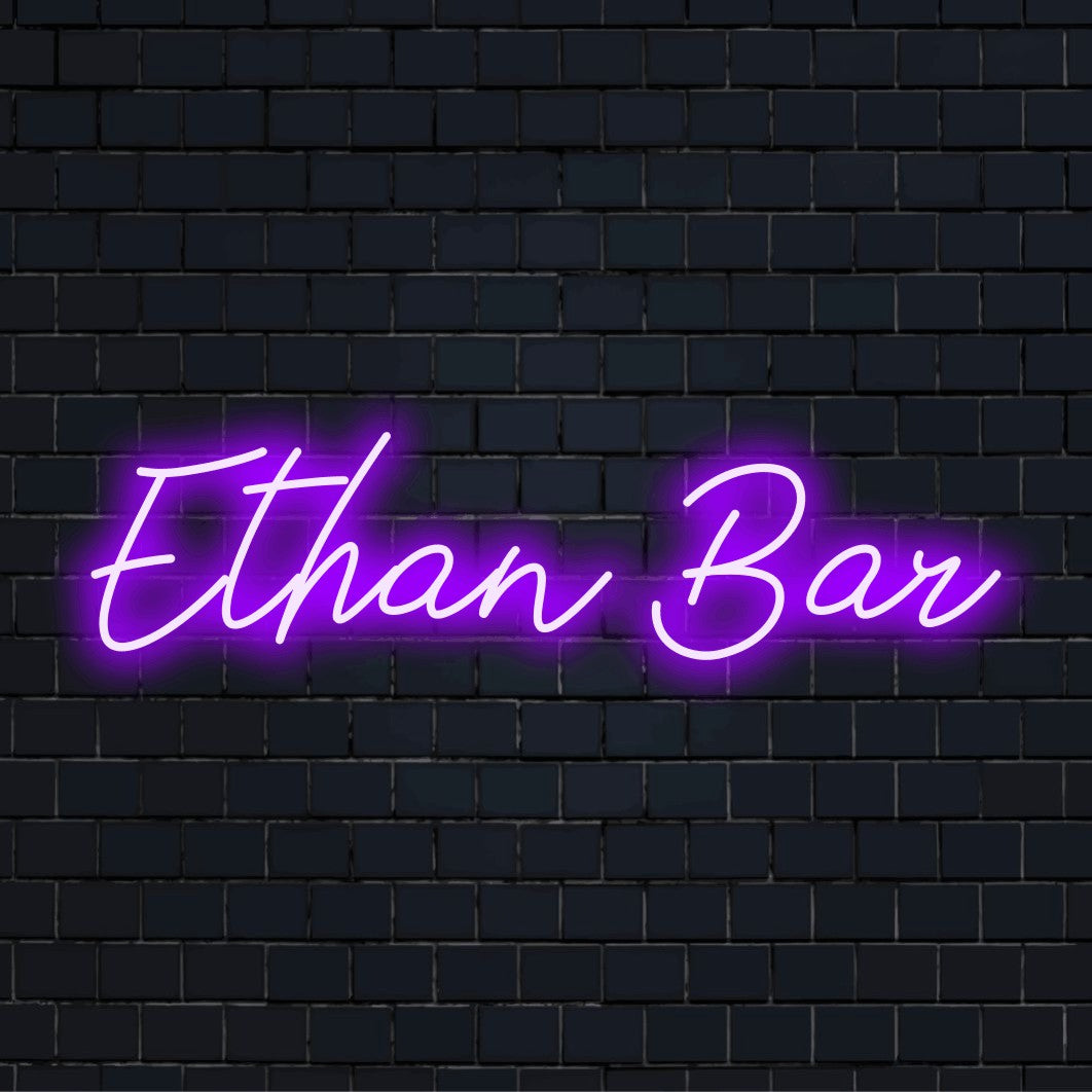 Ethan Bar Personalized LED Neon Sign, bright neon lettering against black brick wall