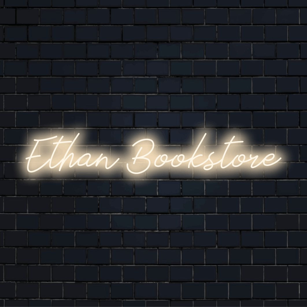 Ethan Bookstore Custom Name Neon Sign, bright LED glow on black brick background