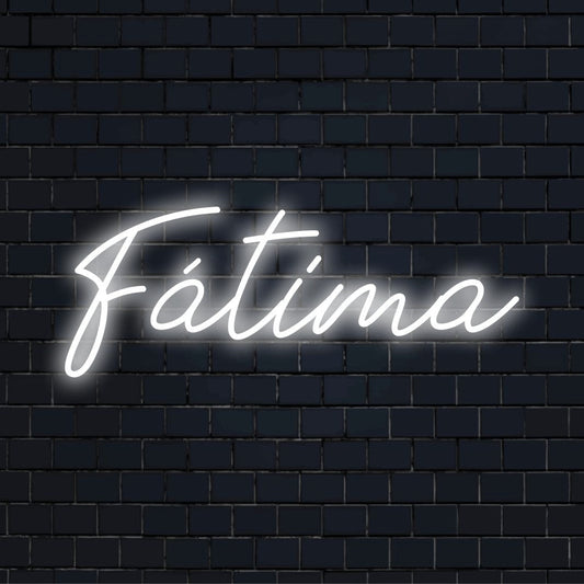 F Tima Neon Sign, glowing wall decor against brick backdrop