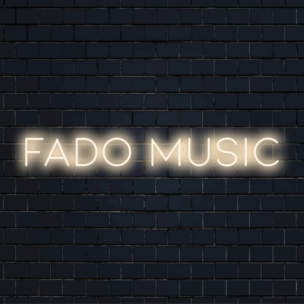Fado Music Neon Light with glowing wall decor against brick backdrop