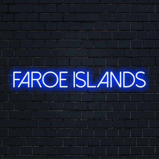 Faroe Islands Neon Light with glowing lettering on dark brick background