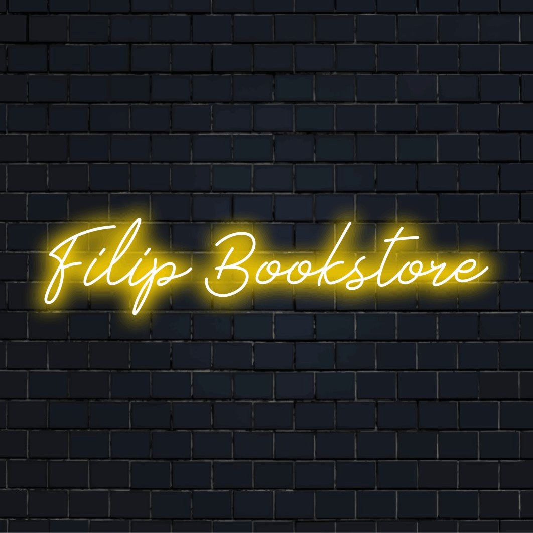 Filip Bookstore Custom Name Neon Sign, glowing wall decor against brick backdrop