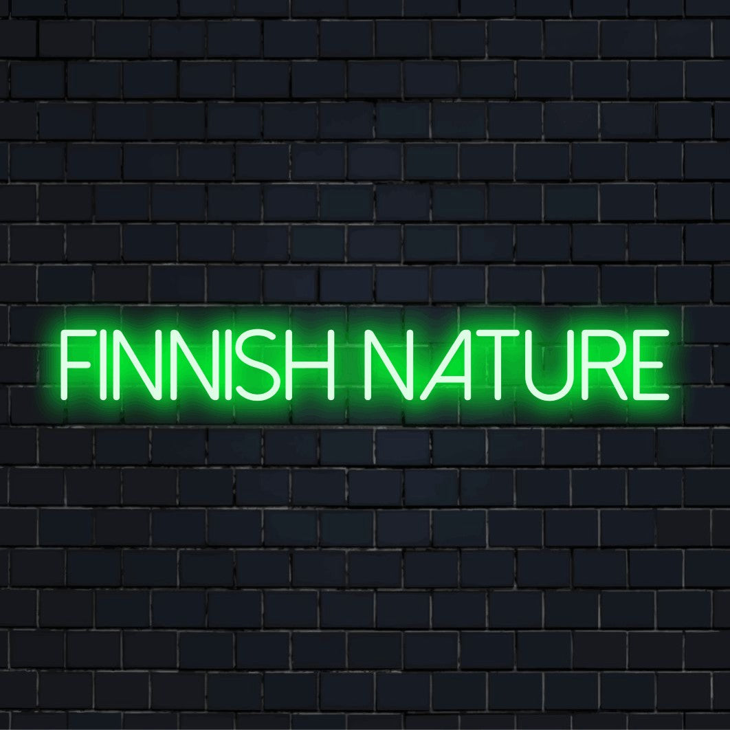 Finnish Nature LED Neon Sign, bright neon glow against black brick wall