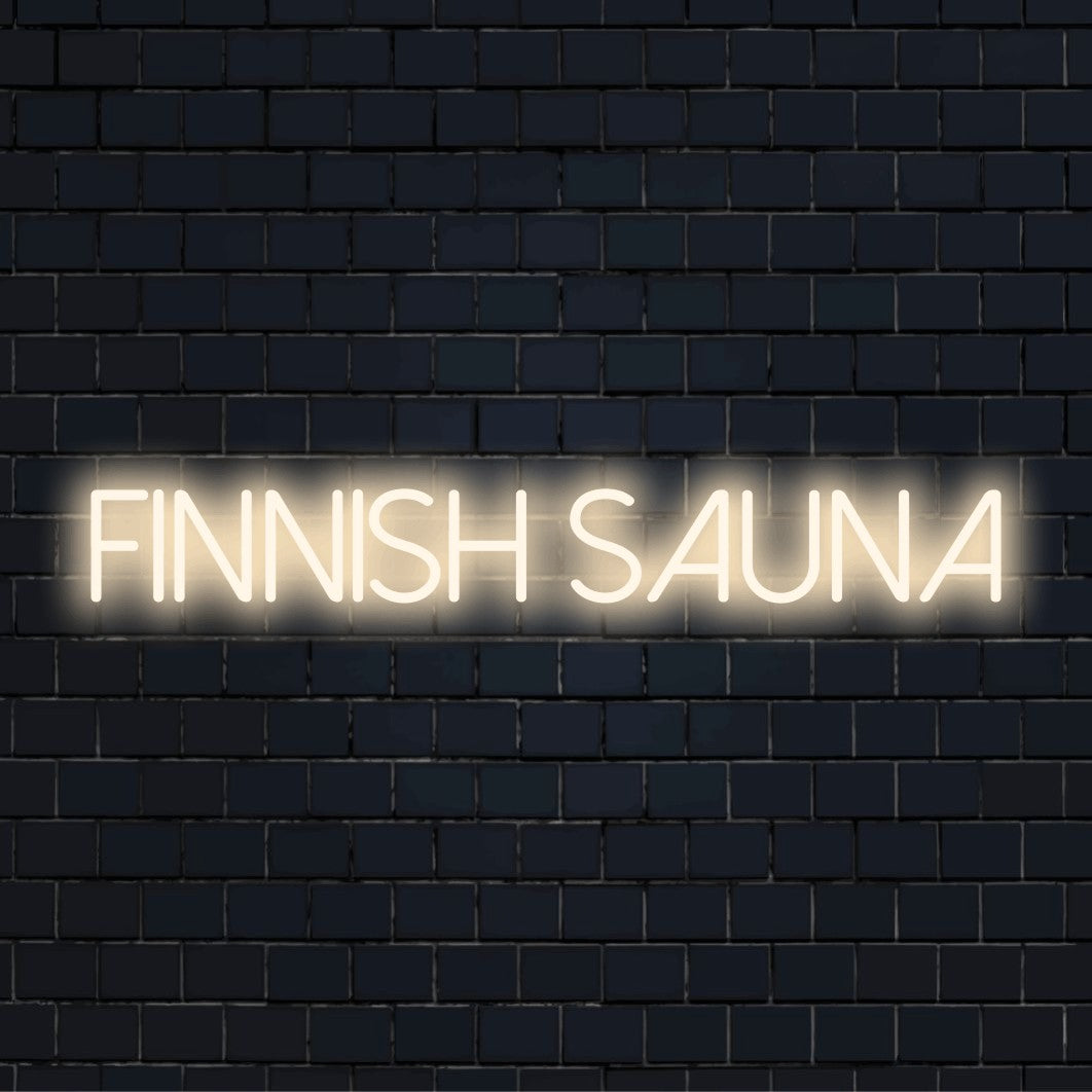 Finnish Sauna Neon Sign, glowing wall decor on dark brick background