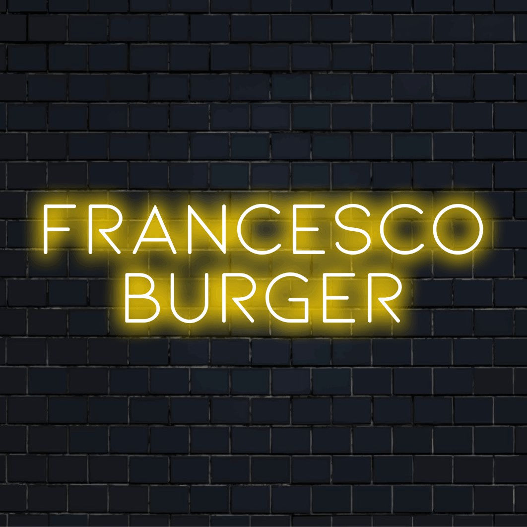 Francesco Burger Custom Name Neon Sign, glowing lettering on black brick background