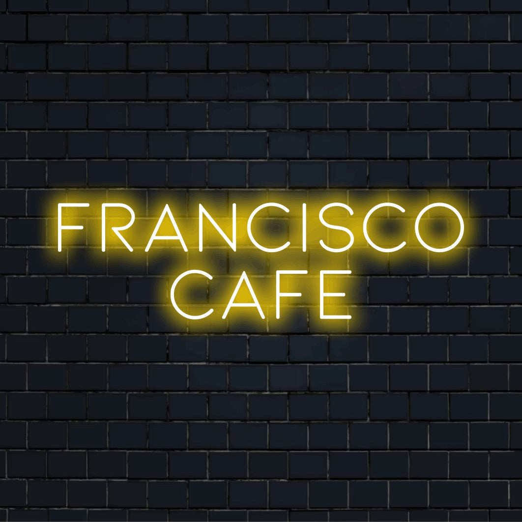 Francisco Cafe Custom Name Neon Sign, bright neon glow on dark brick background