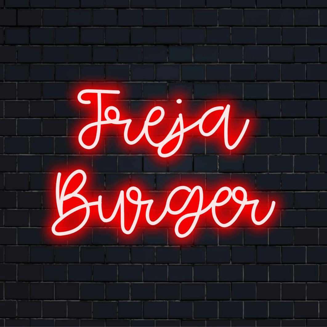 Freja Burger Personalized LED Neon Sign, glowing wall decor against brick backdrop