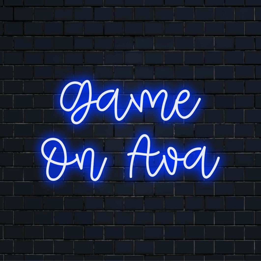 Game On Ava Personalized Neon Light with glowing neon text on dark brick wall