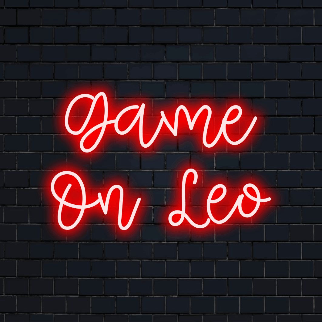Game On Leo Personalized LED Neon Sign, neon text light on dark brick background