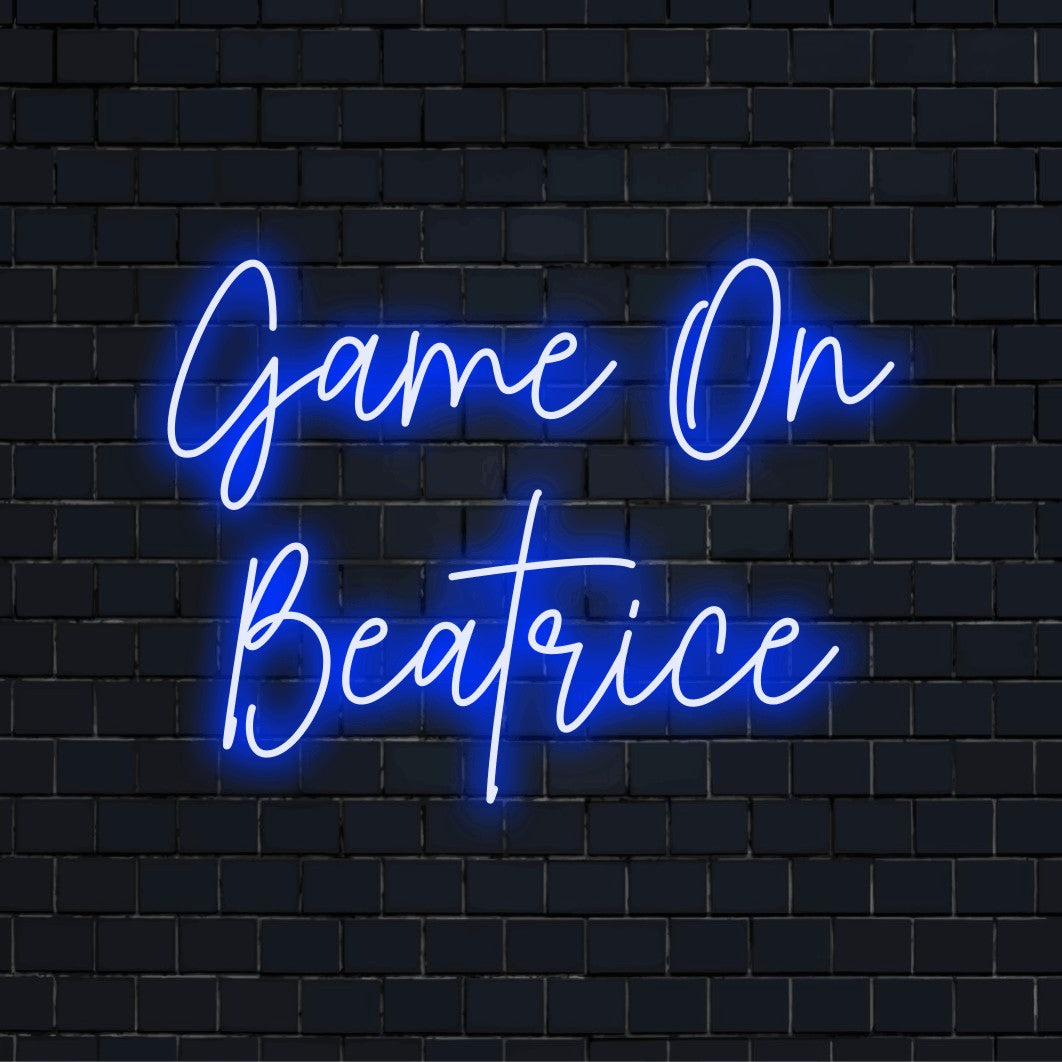 Game On Beatrice Personalized Neon Light with neon text light on black brick background