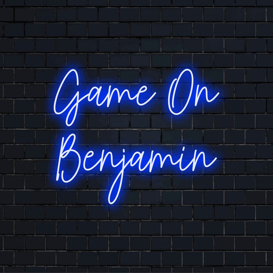 Game On Benjamin Personalized LED Neon Sign, glowing wall decor against brick backdrop