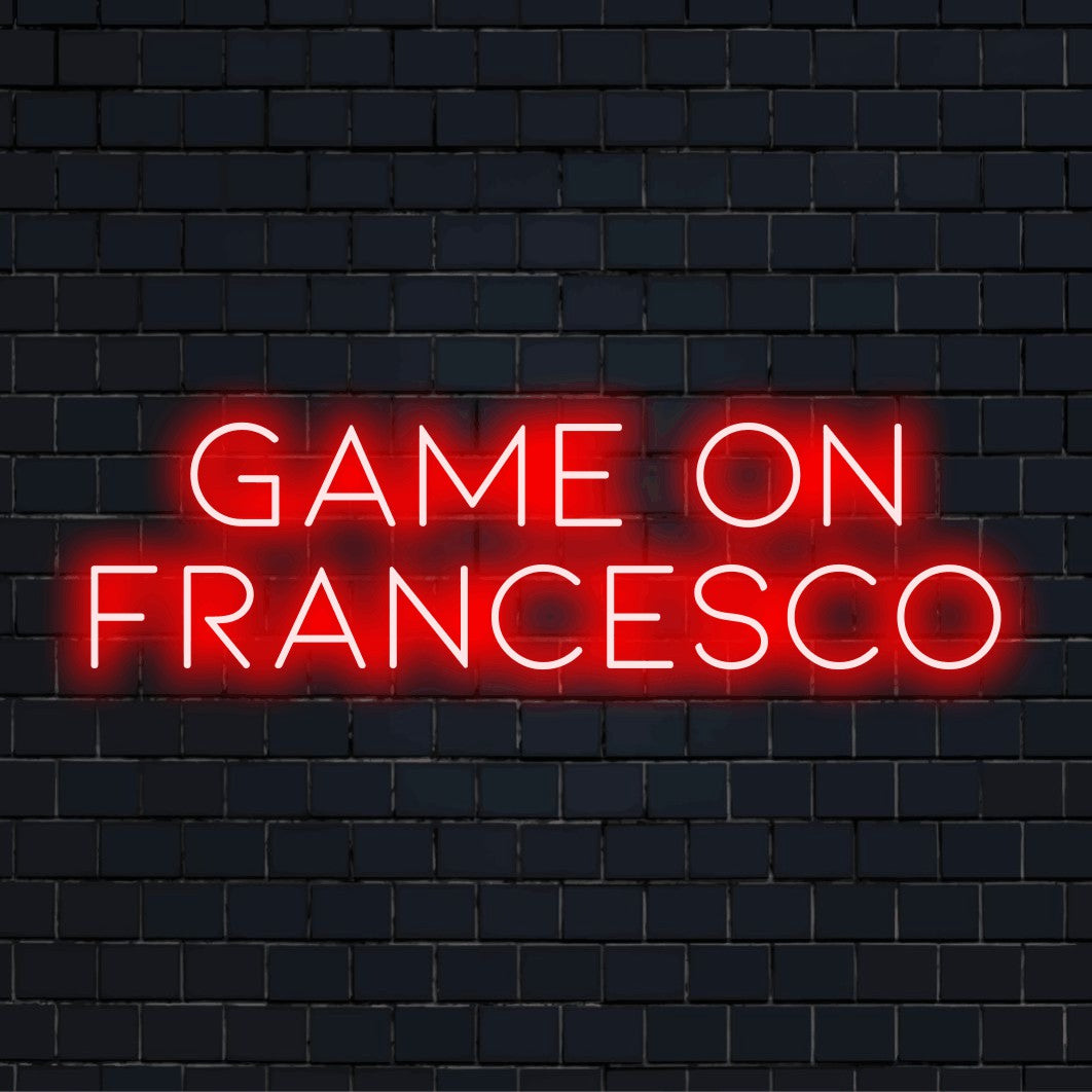 Game On Francesco Personalized LED Neon Sign, soft neon glow on dark brick background