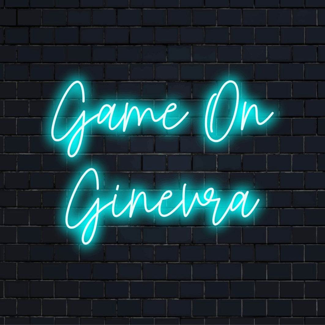 Game On Ginevra Personalized LED Neon Sign, neon text light against brick backdrop