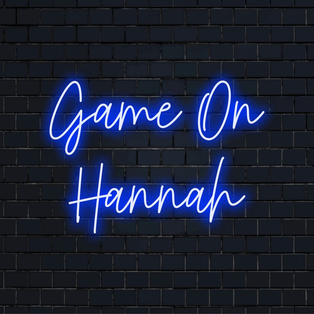 Game On Hannah Personalized LED Neon Sign, glowing wall decor on dark brick wall