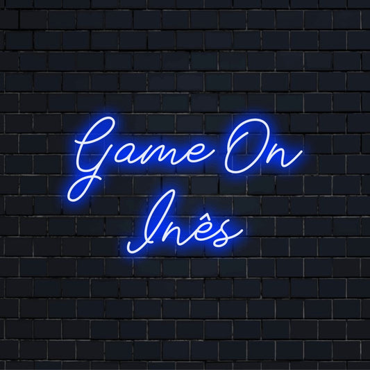 Game On Ines Custom Name Neon Sign, soft neon glow on dark brick background