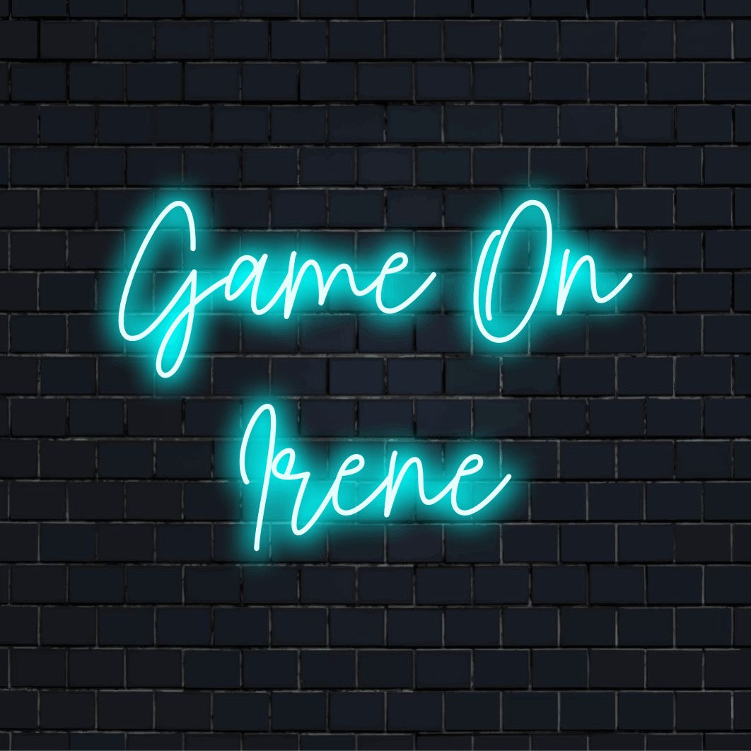 Game On Irene Personalized LED Neon Sign, soft neon glow on dark brick background