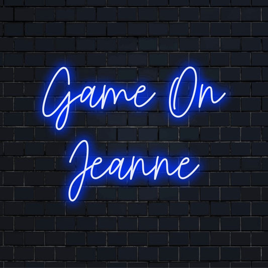 Game On Jeanne Personalized LED Neon Sign, bright LED glow on dark brick wall