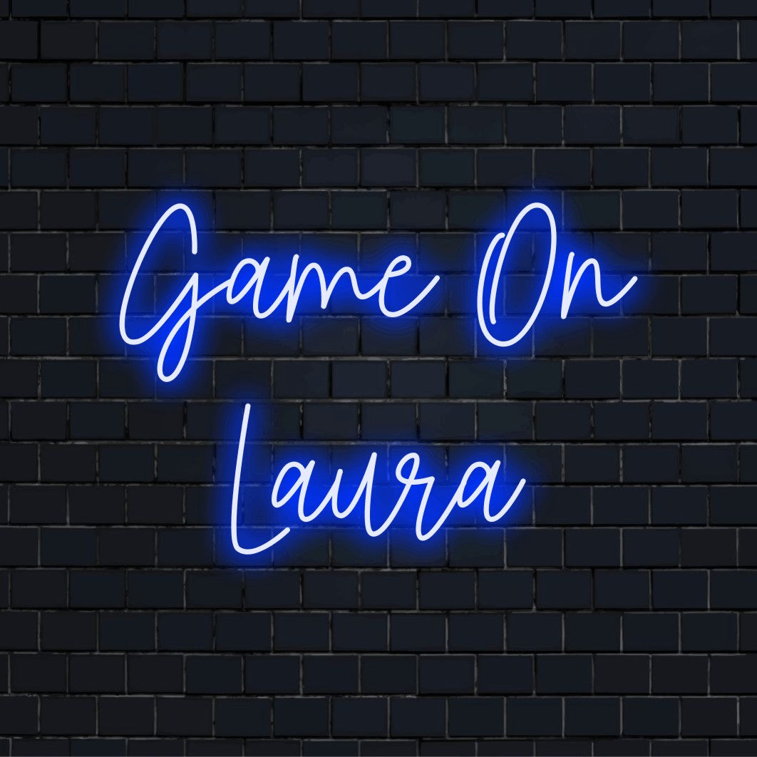 Game On Laura Personalized LED Neon Sign, soft neon glow against brick backdrop