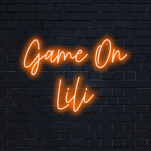 Game On Lili Custom Name Neon Sign, neon text light on black brick background