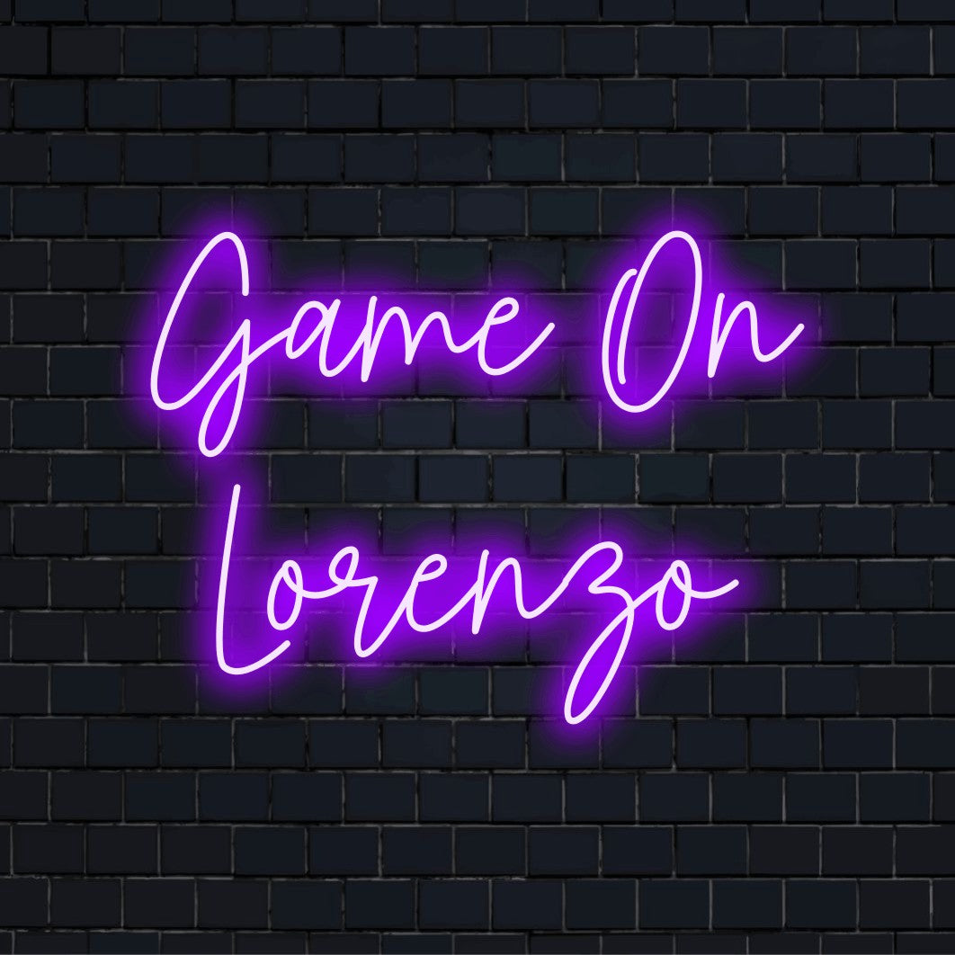 Game On Lorenzo Personalized LED Neon Sign, bright LED glow on black brick background