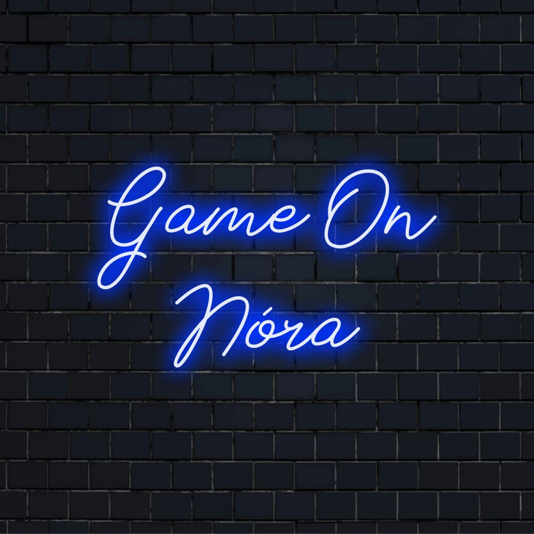 Game On Nora Personalized LED Neon Sign, bright LED glow on dark brick background