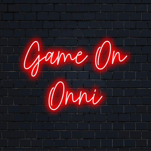 Game On Onni Personalized Neon Light with bright LED glow on dark brick background