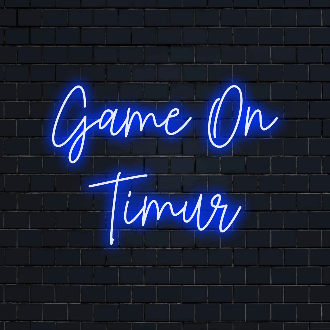 Game On Timur Custom Name Neon Sign, soft neon glow on dark brick wall