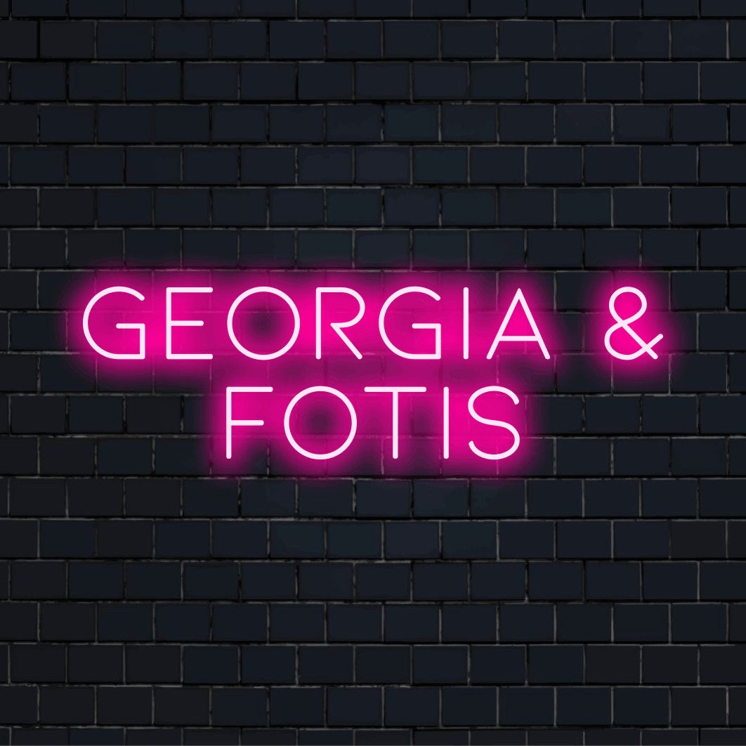 Georgia _ Fotis Custom Name Neon Sign, soft neon glow on dark brick background