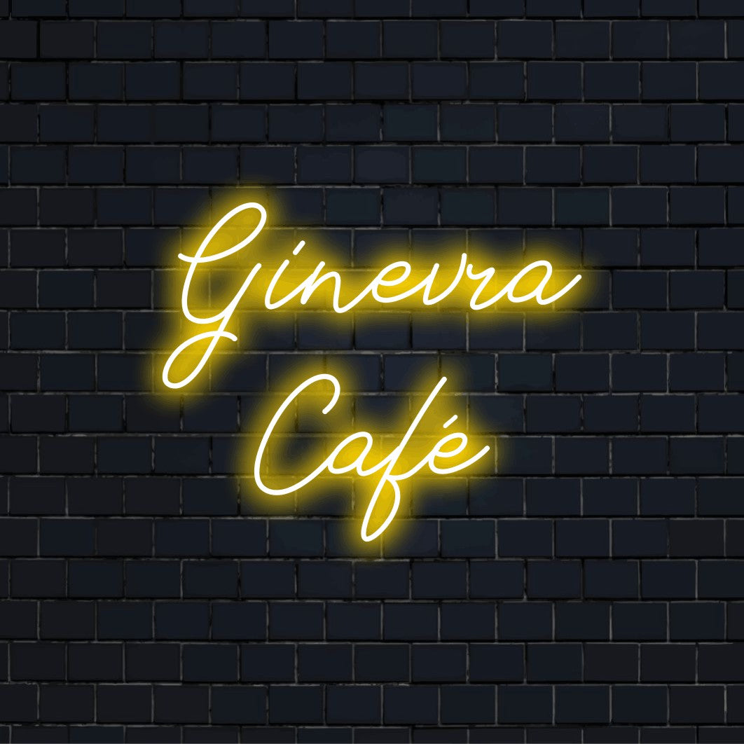 Ginevra Cafe Custom Name Neon Sign, bright LED glow against black brick wall